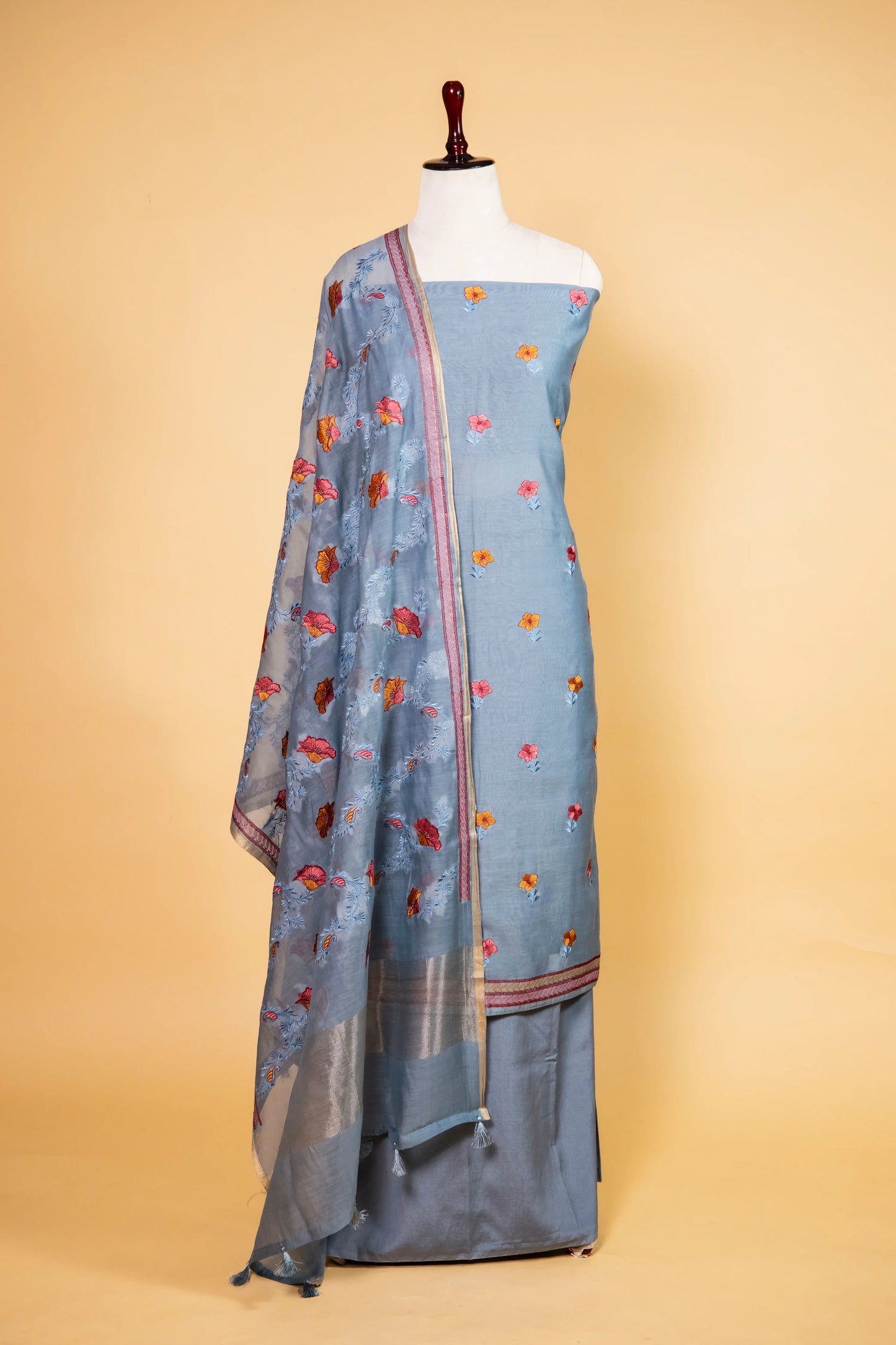Powder Blue Embroidered Mul Cotton Suit