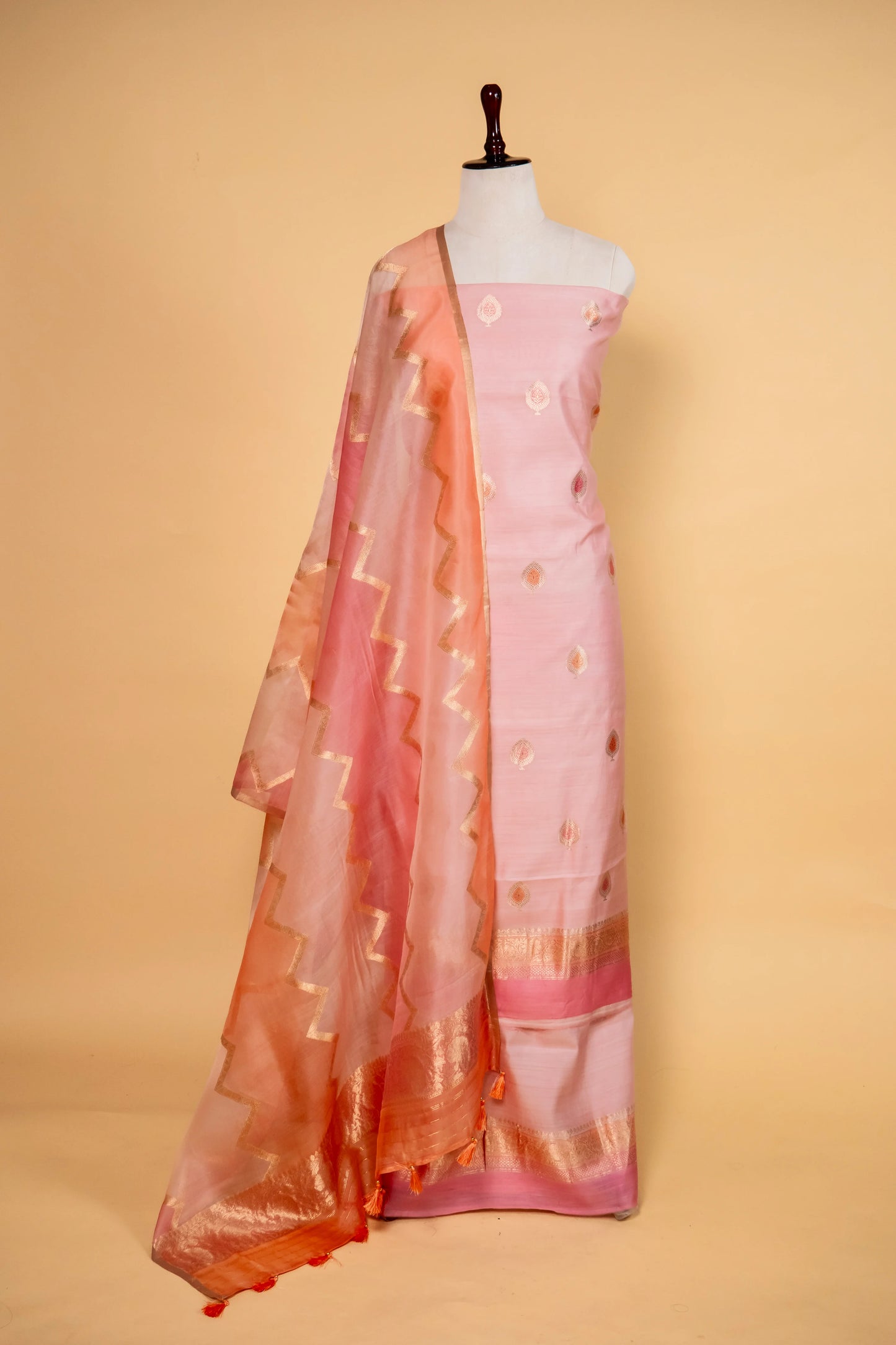 Peach Handwoven Chiniya Silk Suit