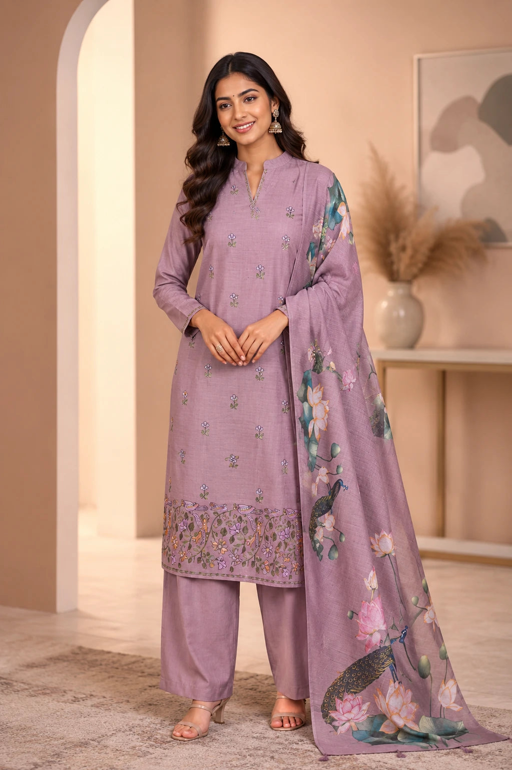 Brown Matka Linen Suit With Embroidery