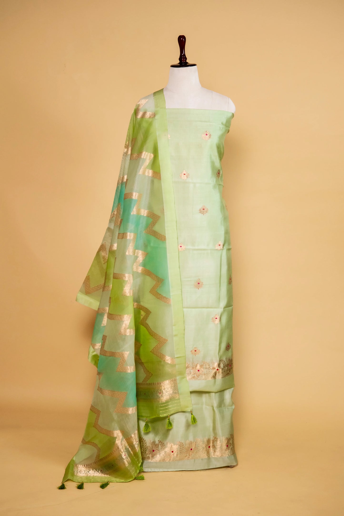 Pista Green Handwoven Chiniya Silk Suit