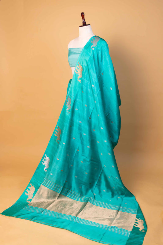 Sea Green Elephant Weaving Raw Mango Silk Saree