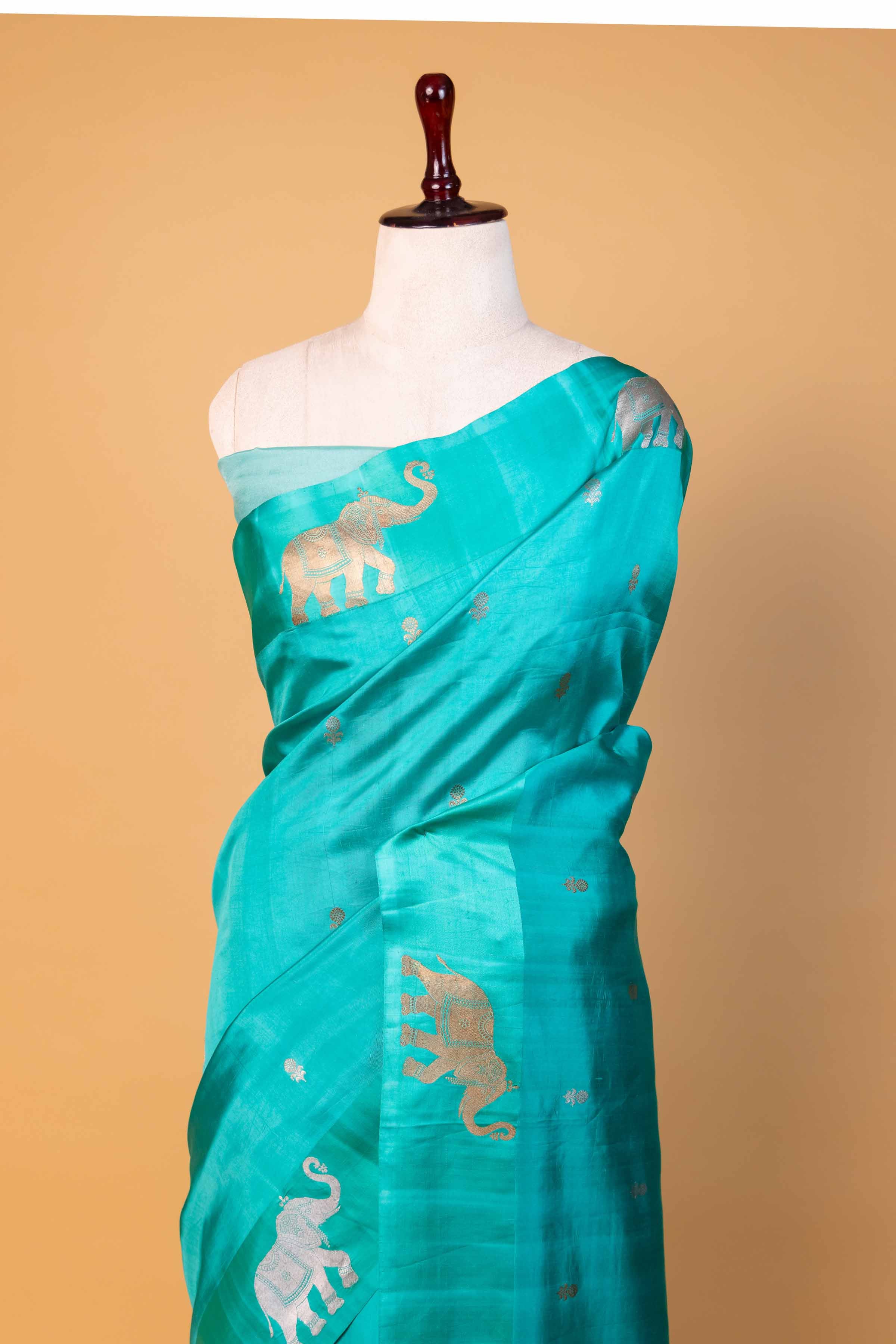Sea Green Elephant Weaving Puna Silk Saree