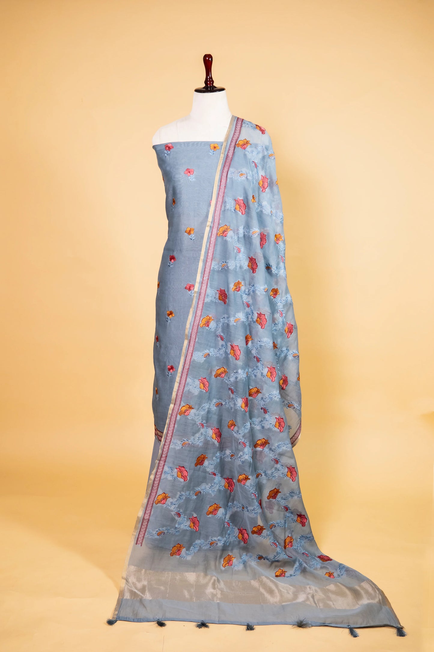 Powder Blue Embroidered Mul Cotton Suit