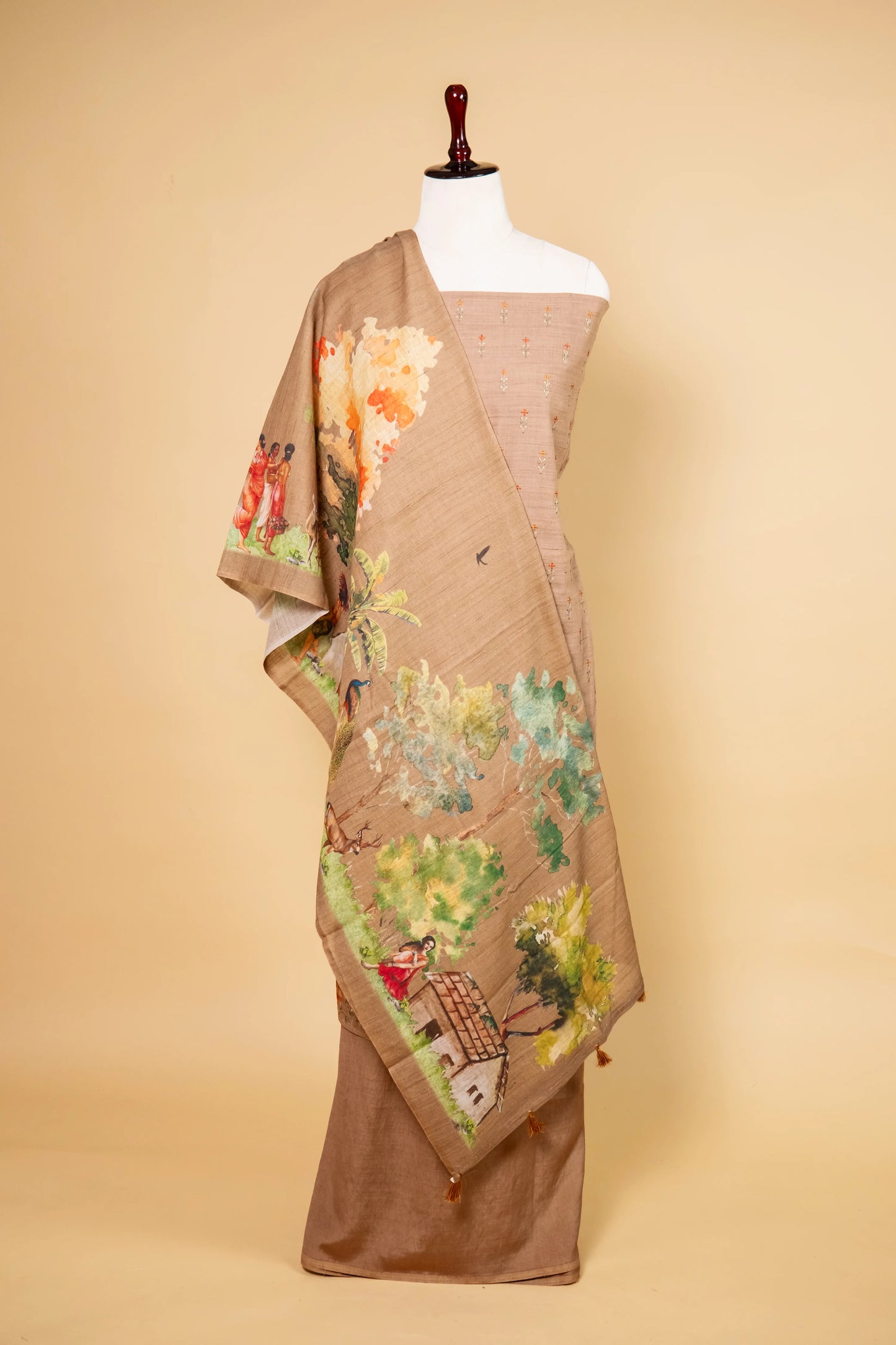 Brown Matka Linen Embroidered Suit
