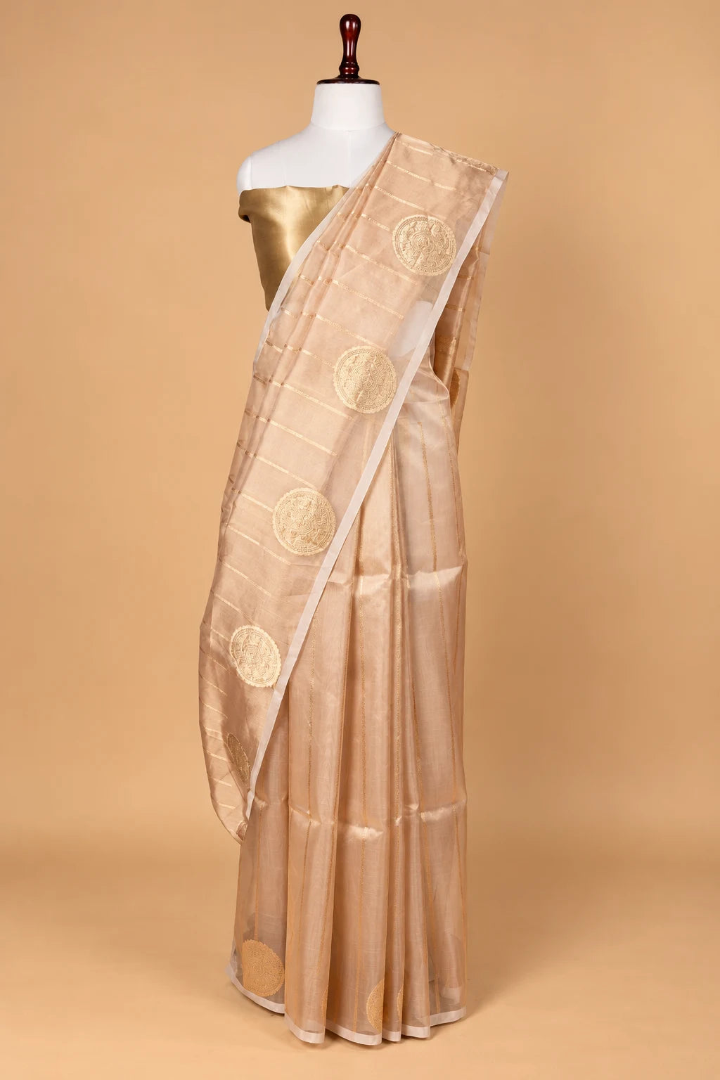 Beige Striped Handloom Tissue Silk Saree