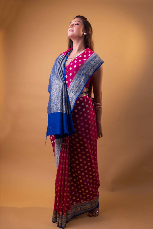 Pink & Blue Polka Dot Munga Khaddi Georgette Silk Saree