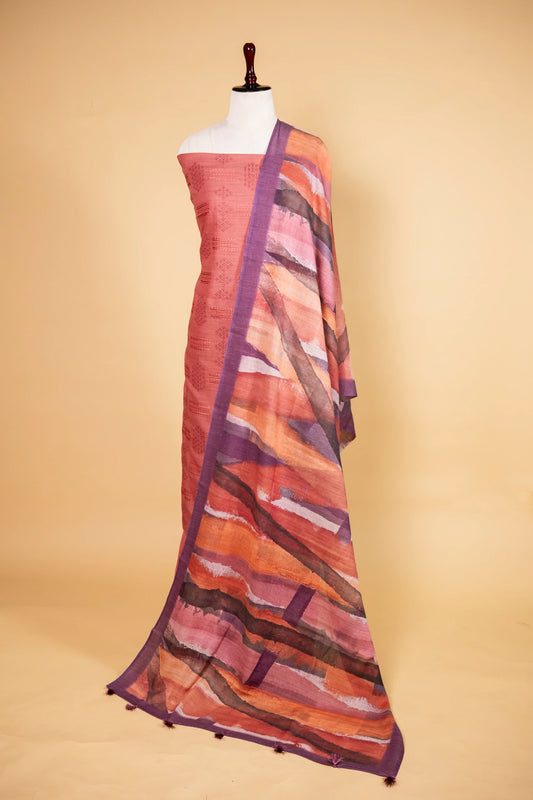 Brick Orange Matka Linen Embroidered Suit