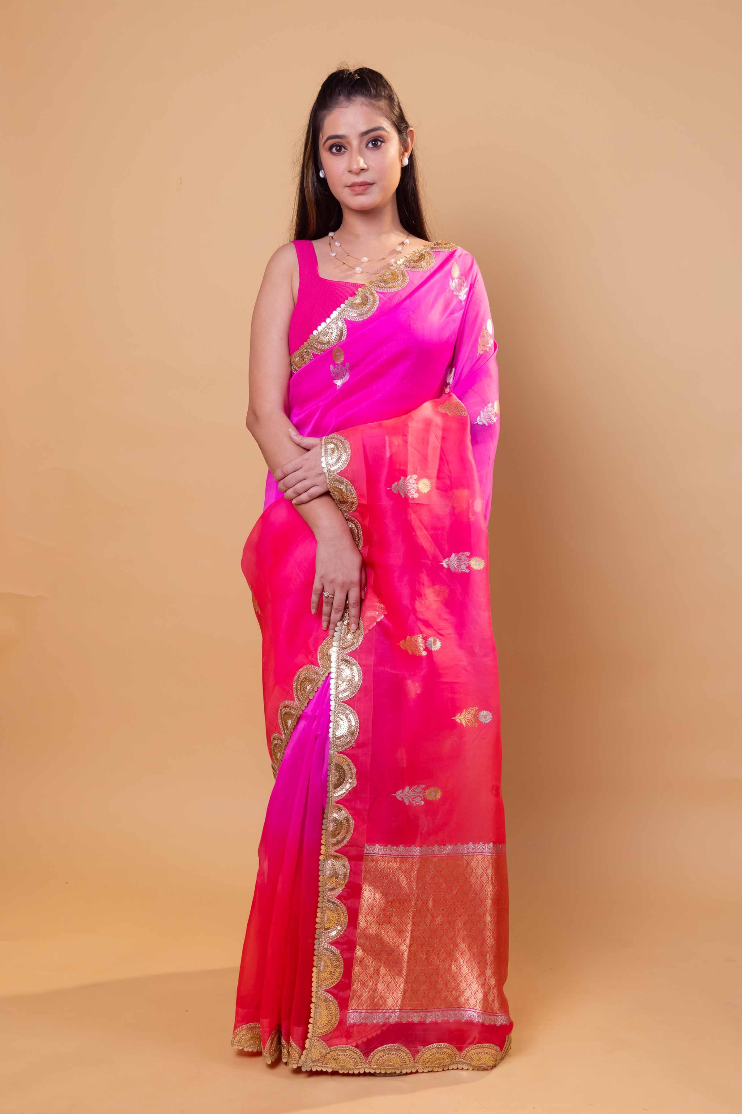 Pink & Peach Shaded Kadhua Organza Silk Saree With Embellished Border