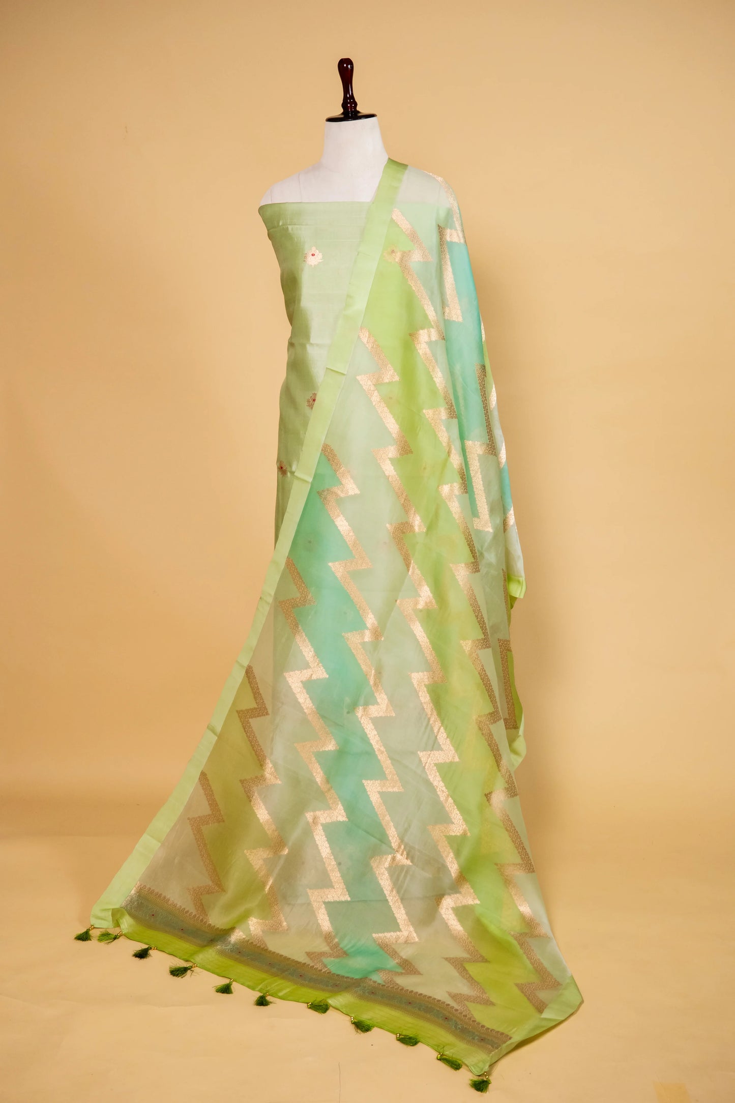Pista Green Handwoven Chiniya Silk Suit