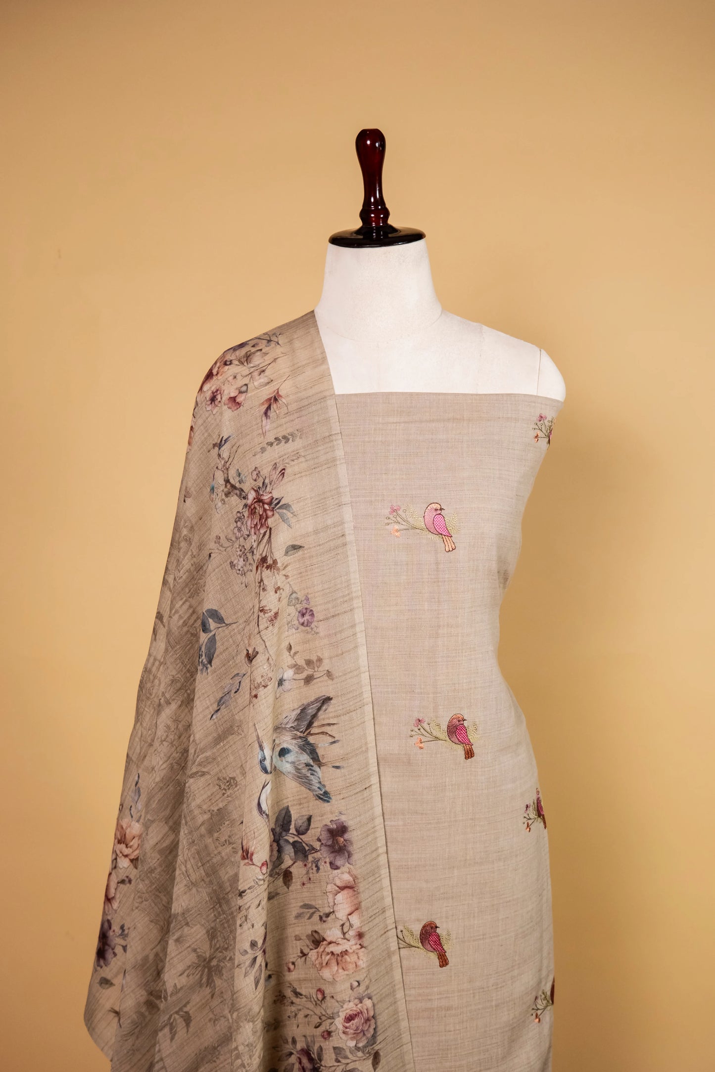 Beige Matka Linen Embroidered Suit