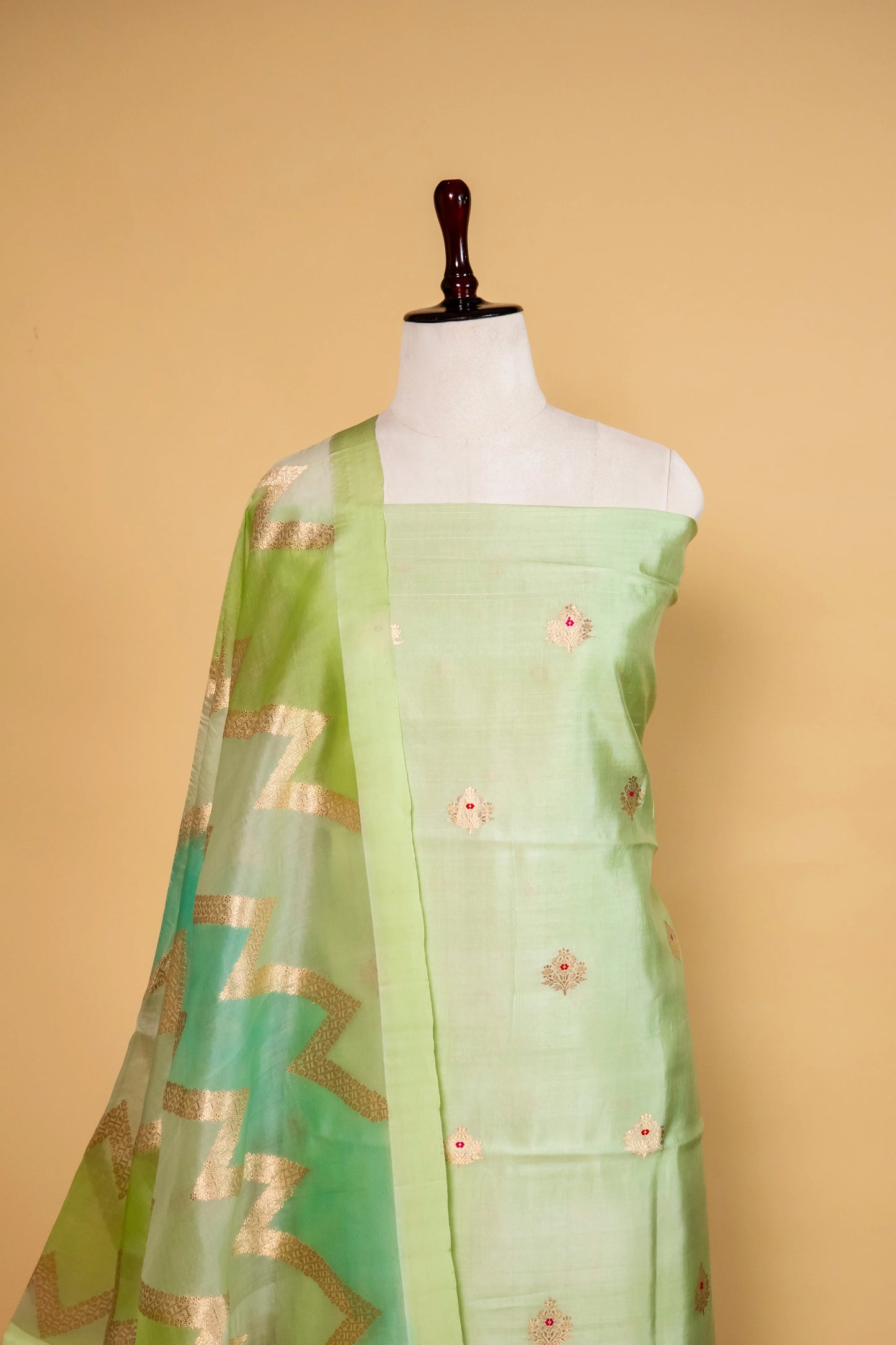 Pista Green Handwoven Chiniya Silk Suit
