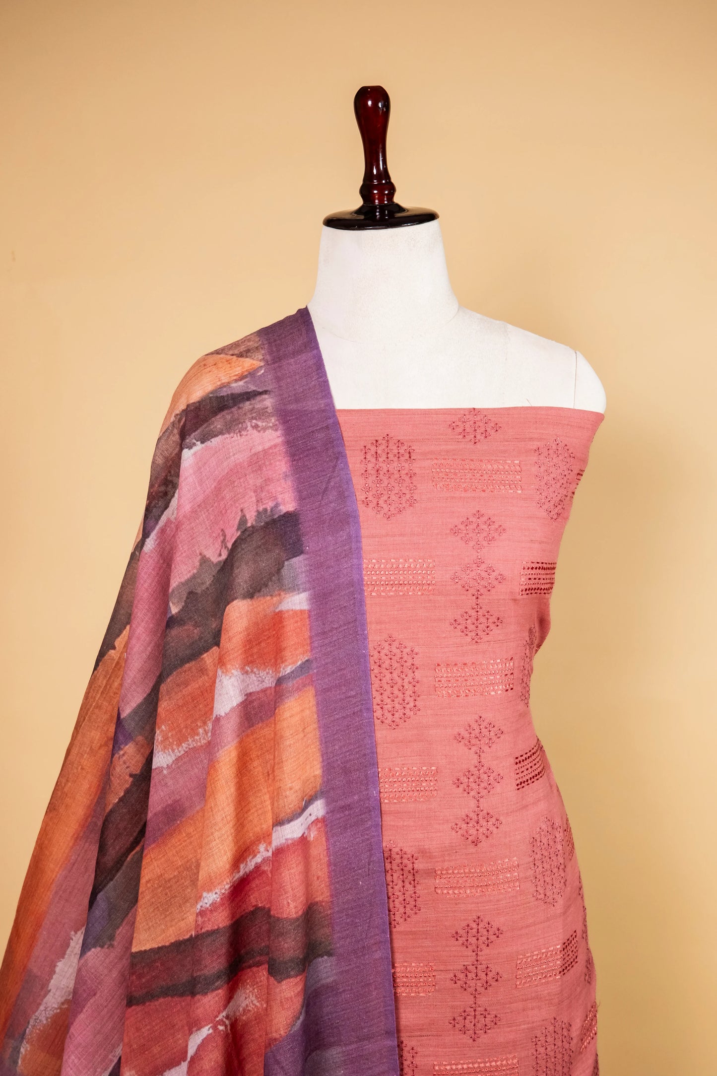 Brick Orange Matka Linen Embroidered Suit