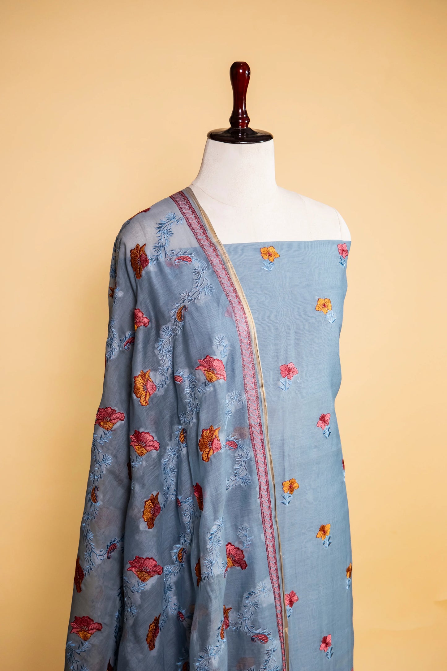 Powder Blue Embroidered Mul Cotton Suit