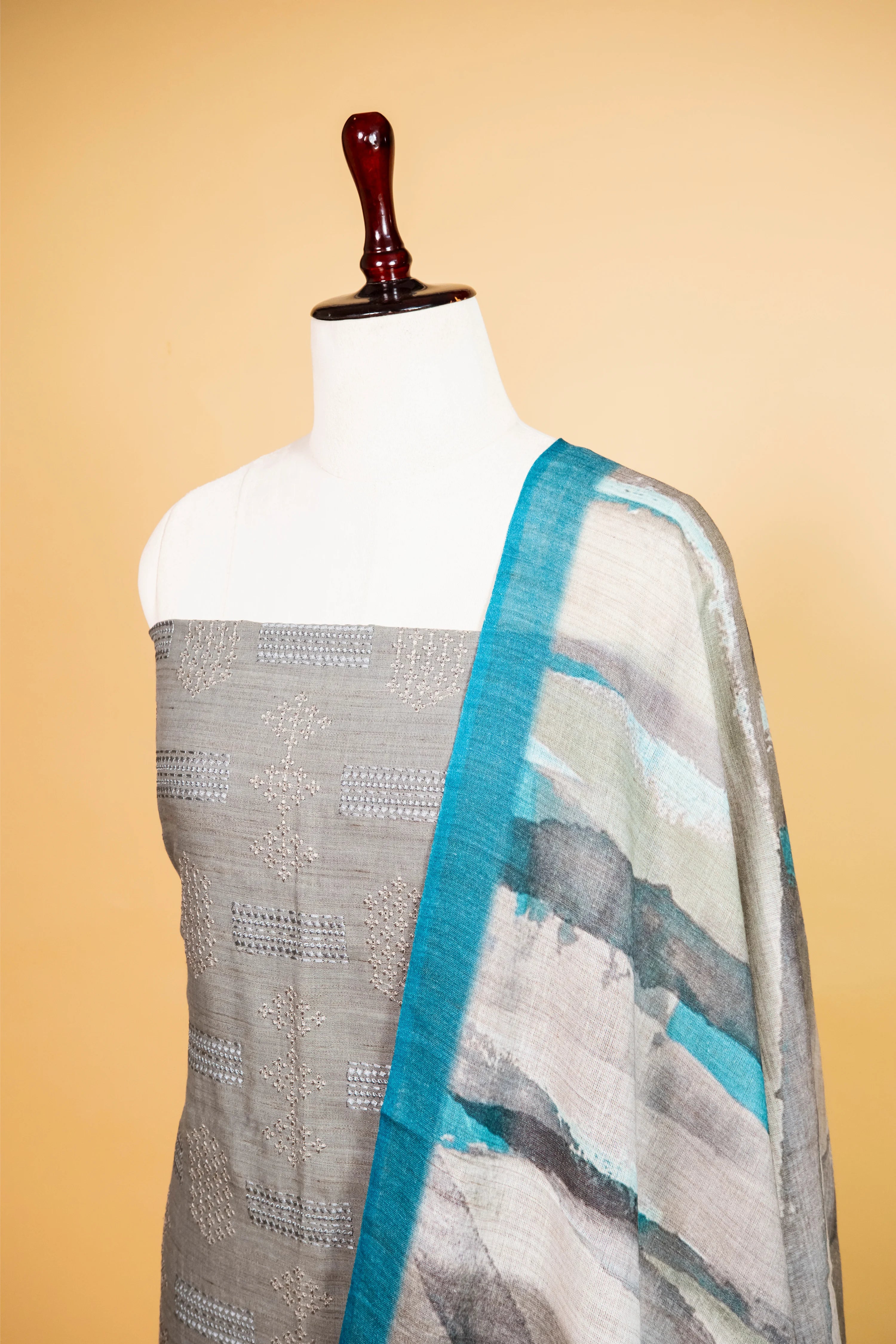 Ash Grey Linen Matka Embroidered Suit