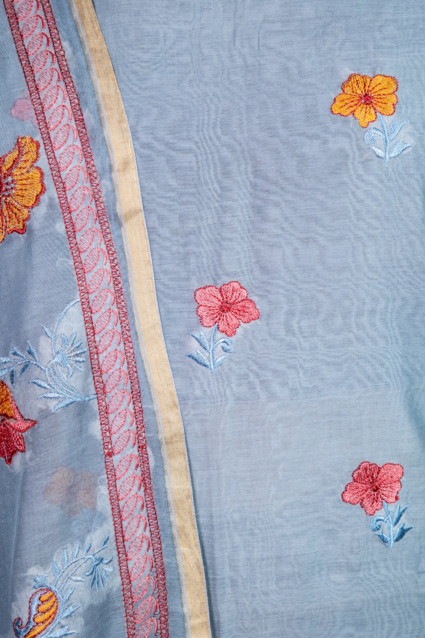 Powder Blue Embroidered Mul Cotton Suit