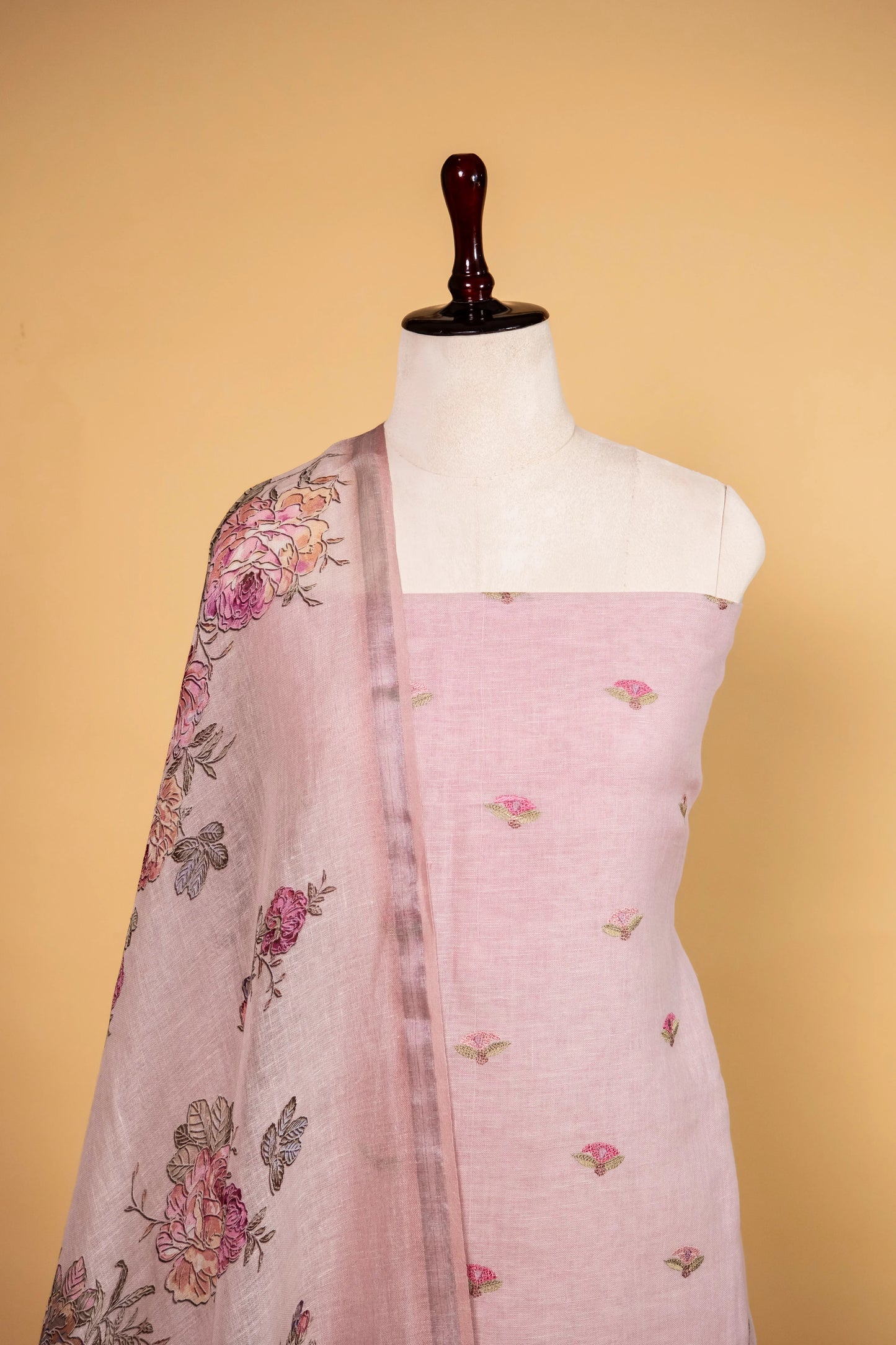 Light Pink Pure Linen Embroidered Suit