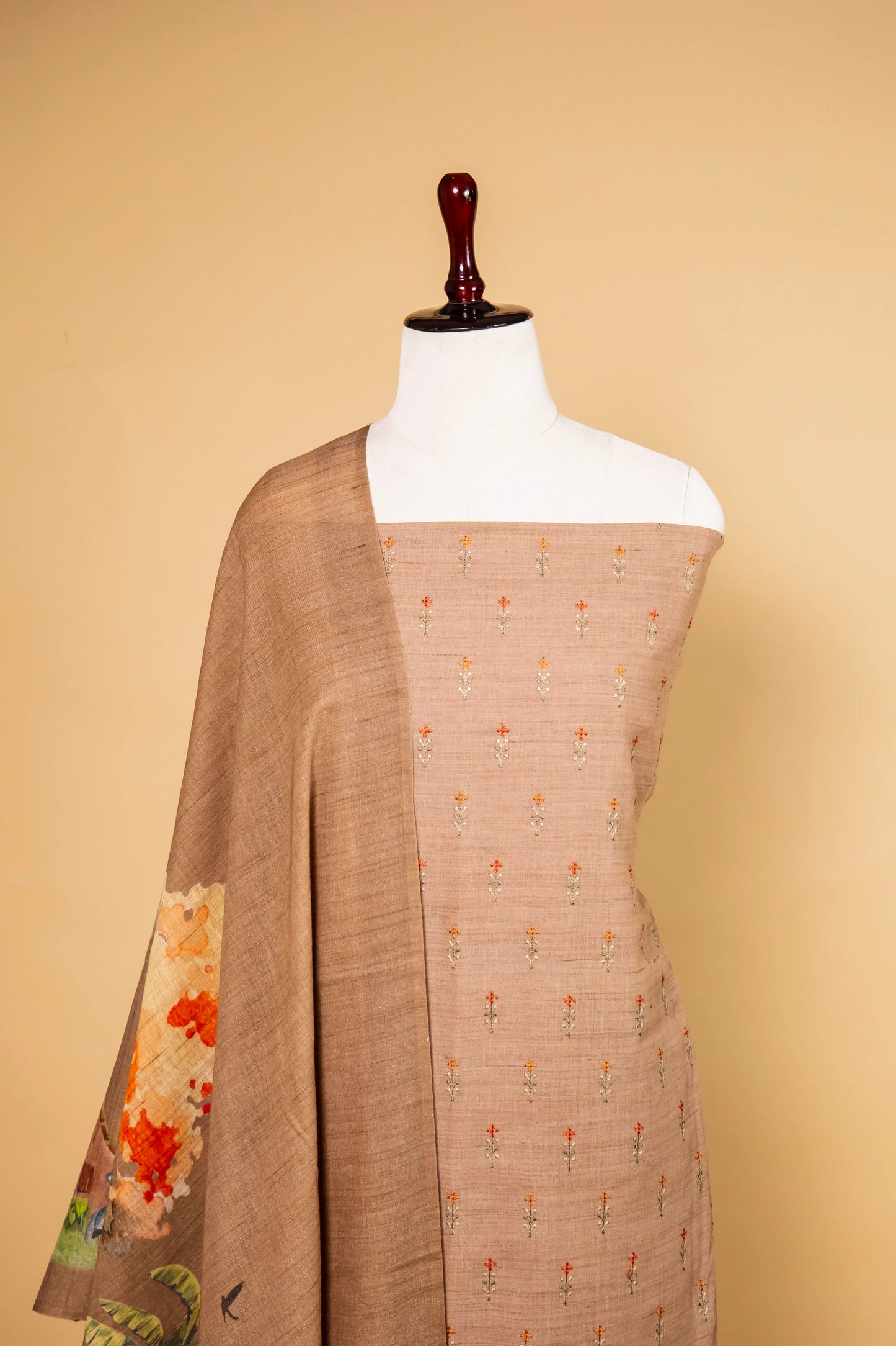 Brown Matka Linen Embroidered Suit