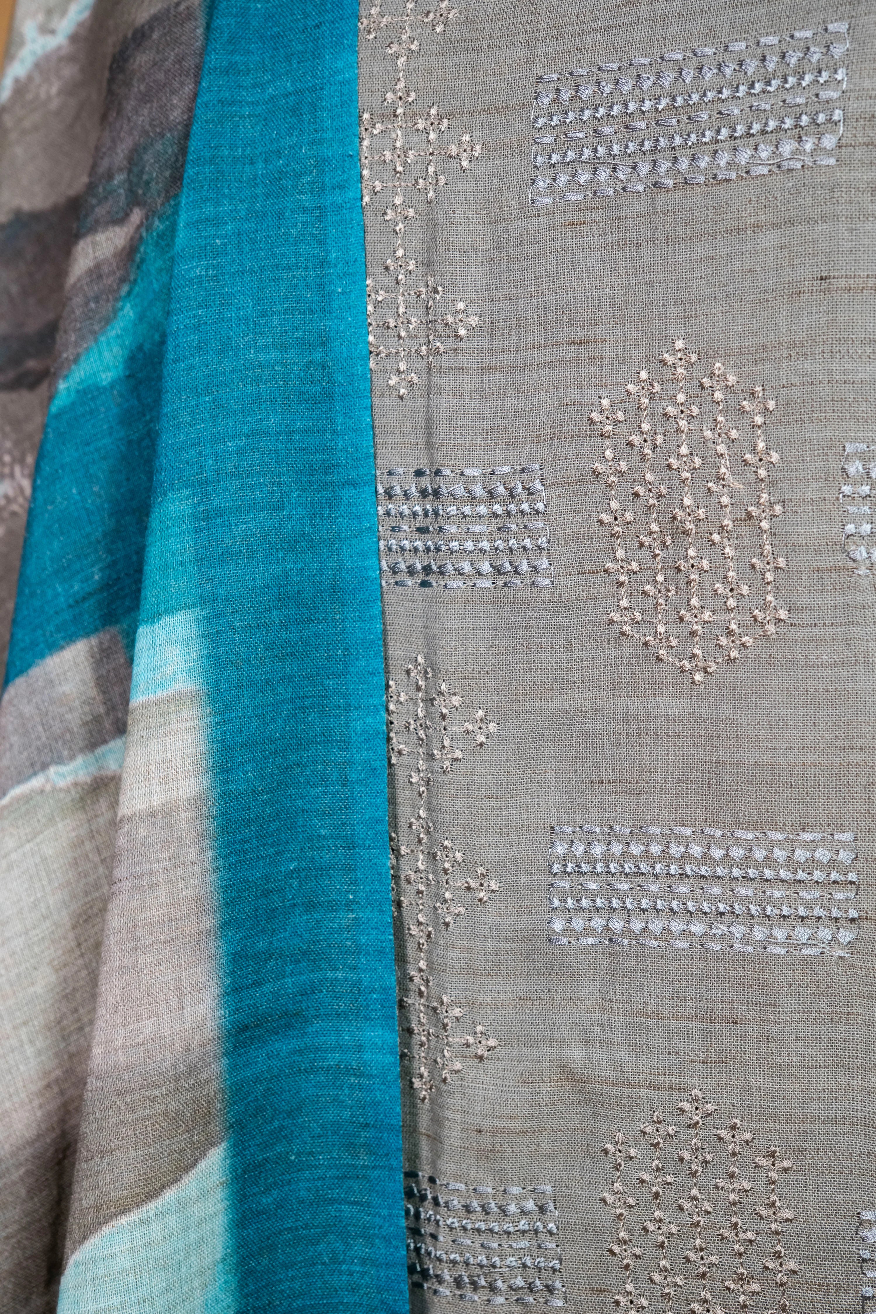 Ash Grey Linen Matka Embroidered Suit