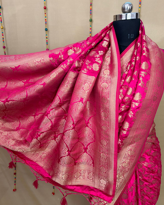 Rani Pink Gajji Satin Zari Weaving Saree