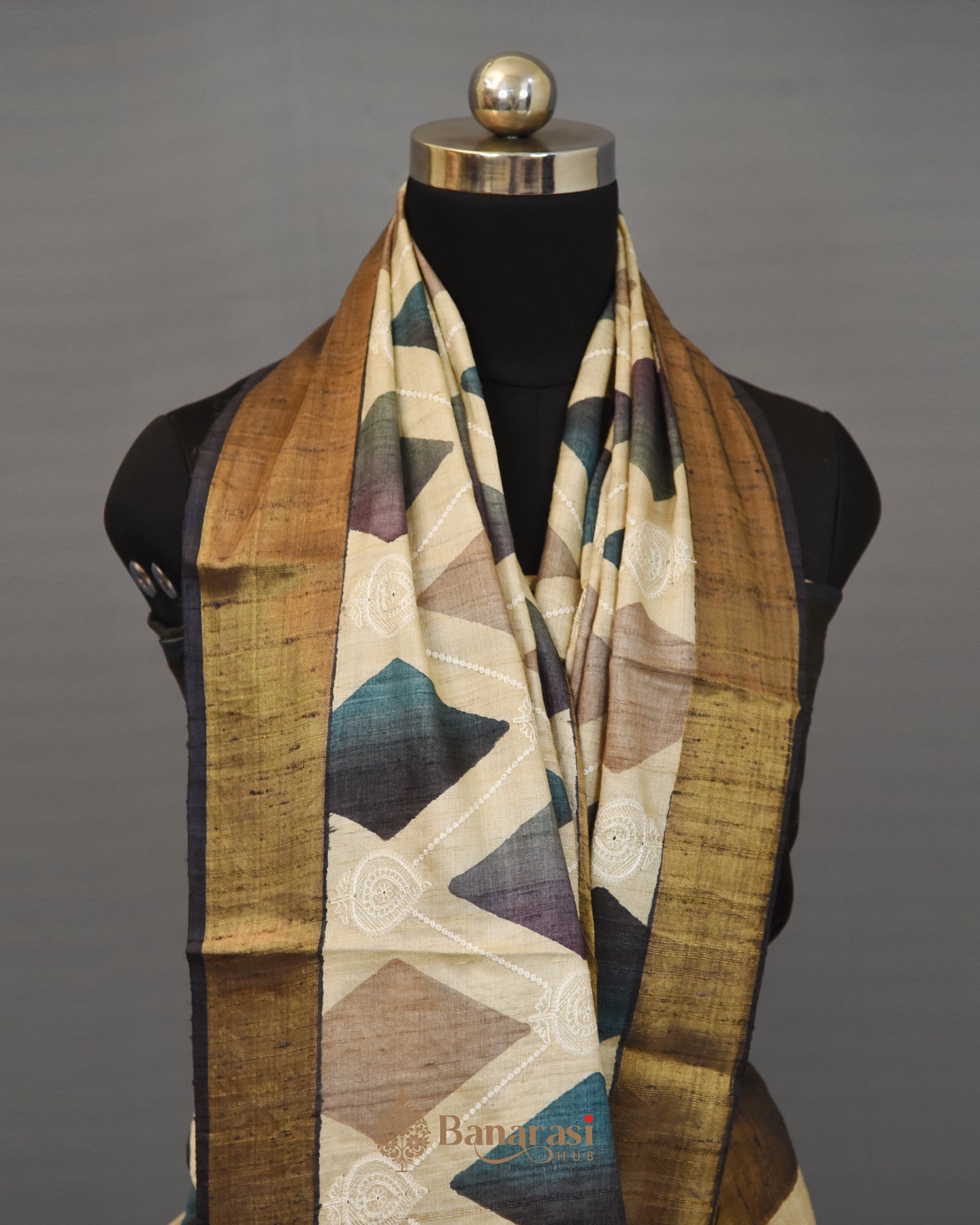 Beige & steel grey embroidered digital print tussar silk saree