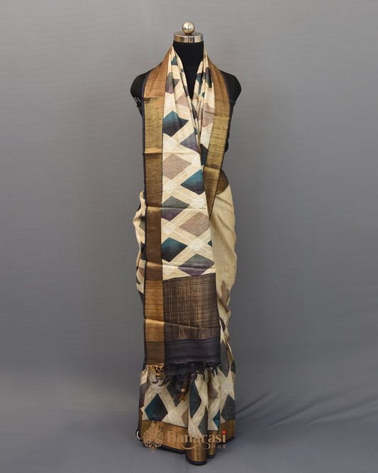 Beige & steel grey embroidered digital print tussar silk saree