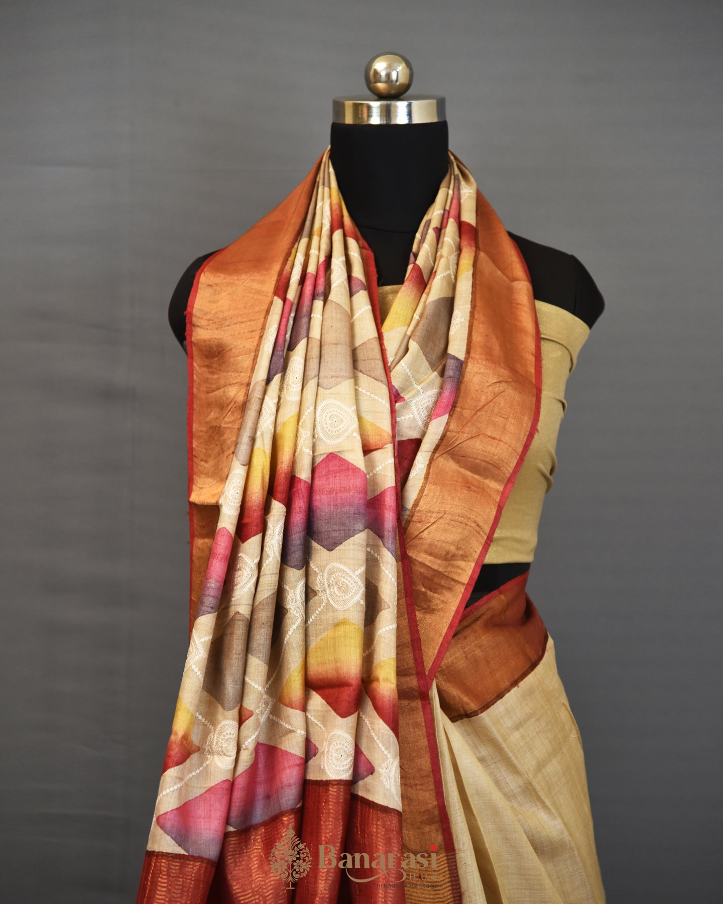 Beige & Pink chikankari digital print tussar silk saree