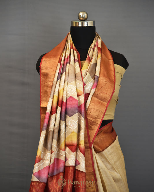Beige & Pink chikankari digital print tussar silk saree