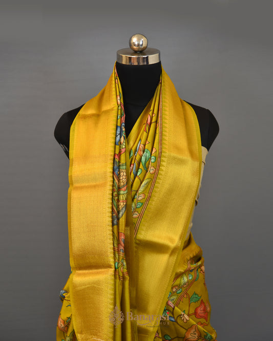 Mustard chiniya silk kalamkari saree