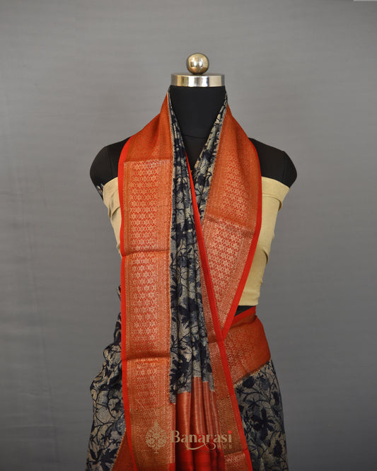 Blue & Beige Block Printed Chanderi Banarasi Silk Saree