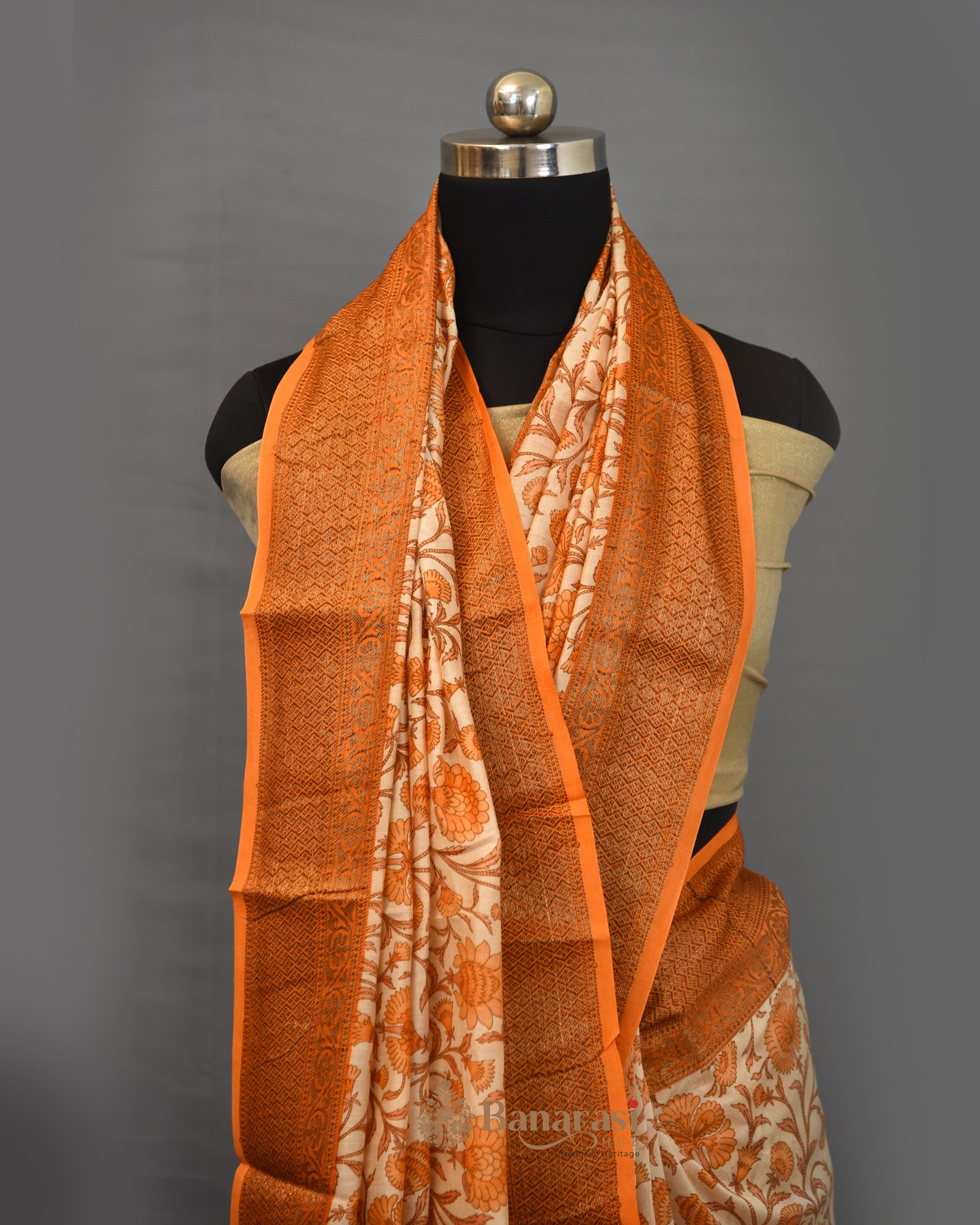 Ethnic Orange Floral Chanderi Silk Saree