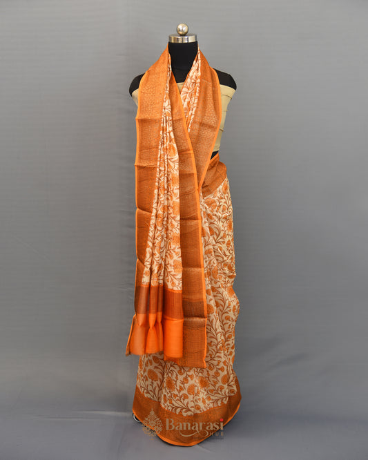 Ethnic Orange Floral Chanderi Silk Saree