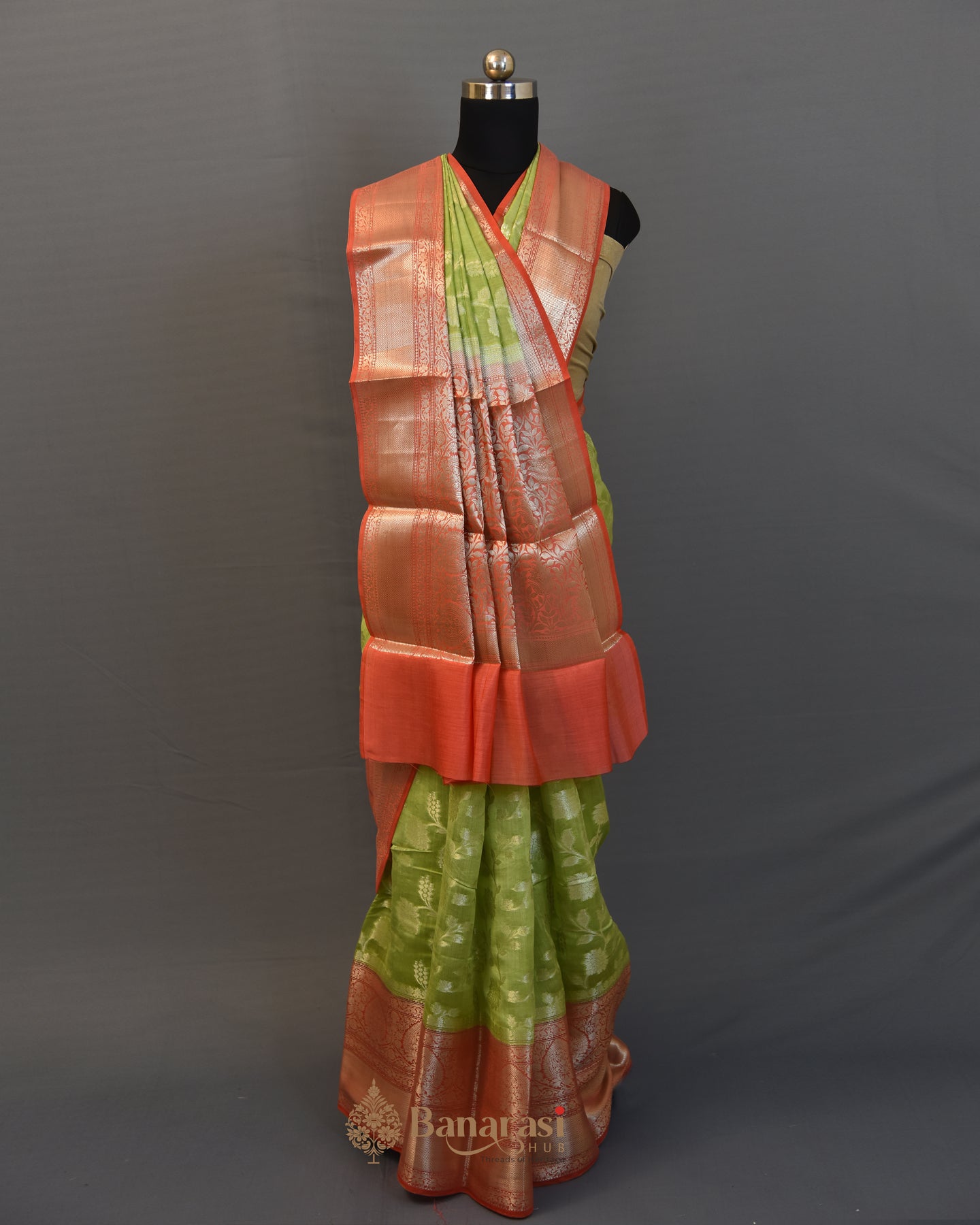 Pista Green Floral Zari Weaving Chanderi Silk Saree