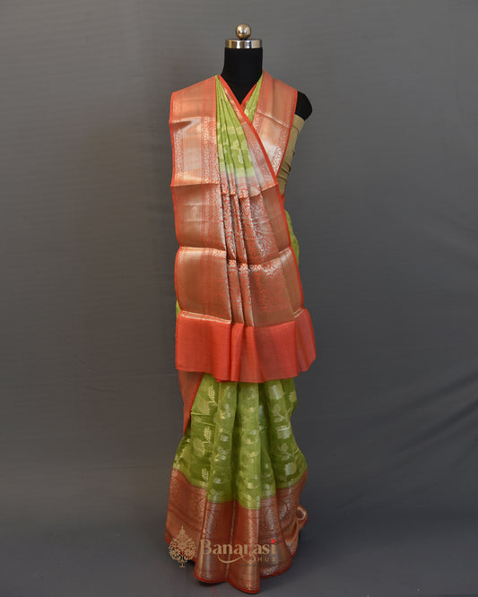 Pista Green Floral Zari Weaving Chanderi Silk Saree