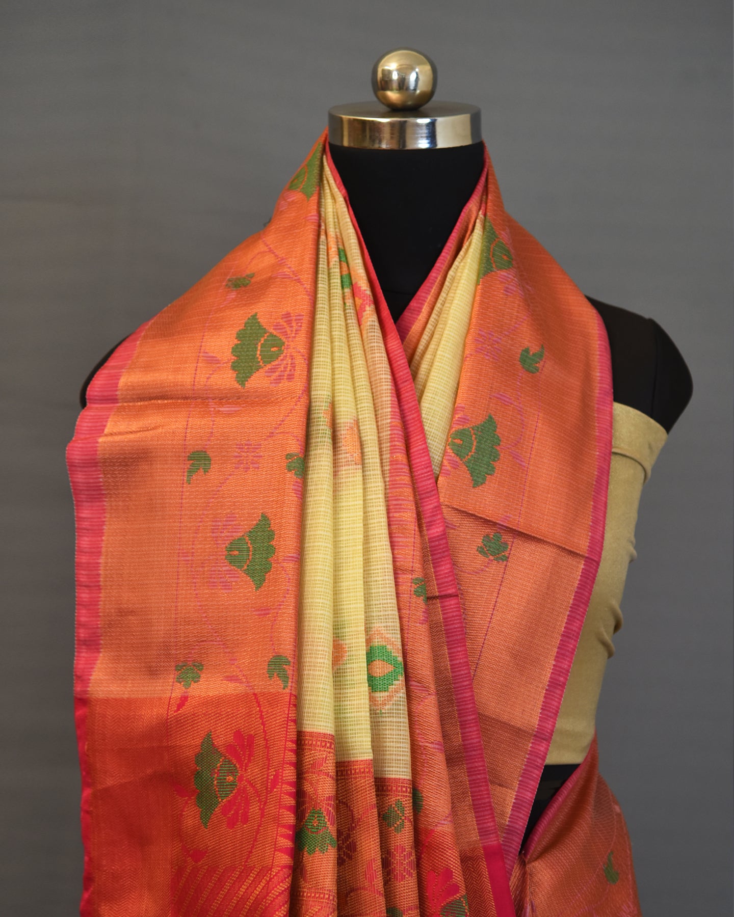 Beige Multi Color Woven Cotton Banarasi Saree