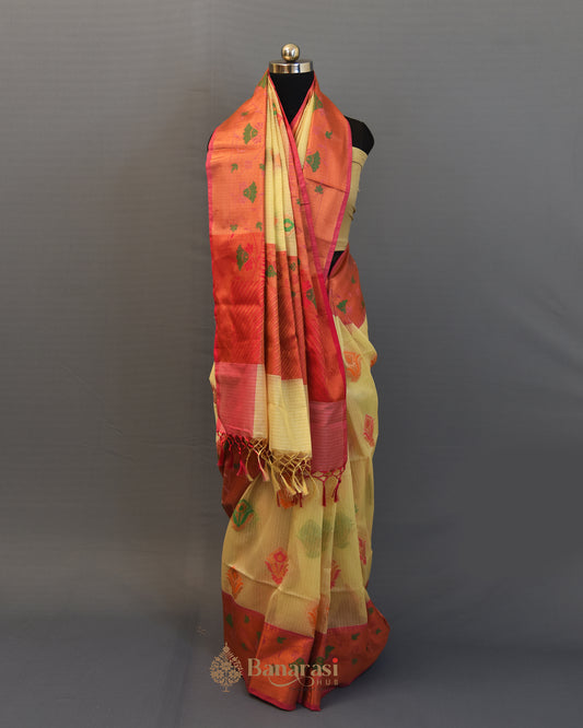 Beige Multi Color Woven Cotton Banarasi Saree