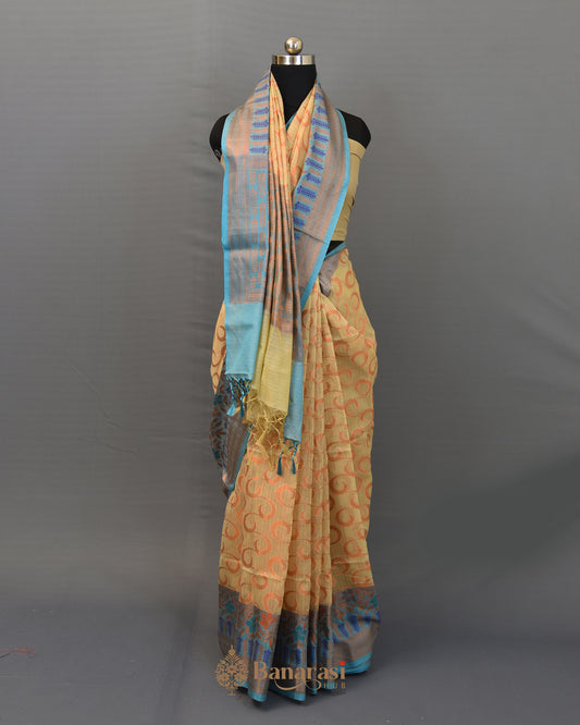 Beige Antique Zari Cotton Banarasi Saree