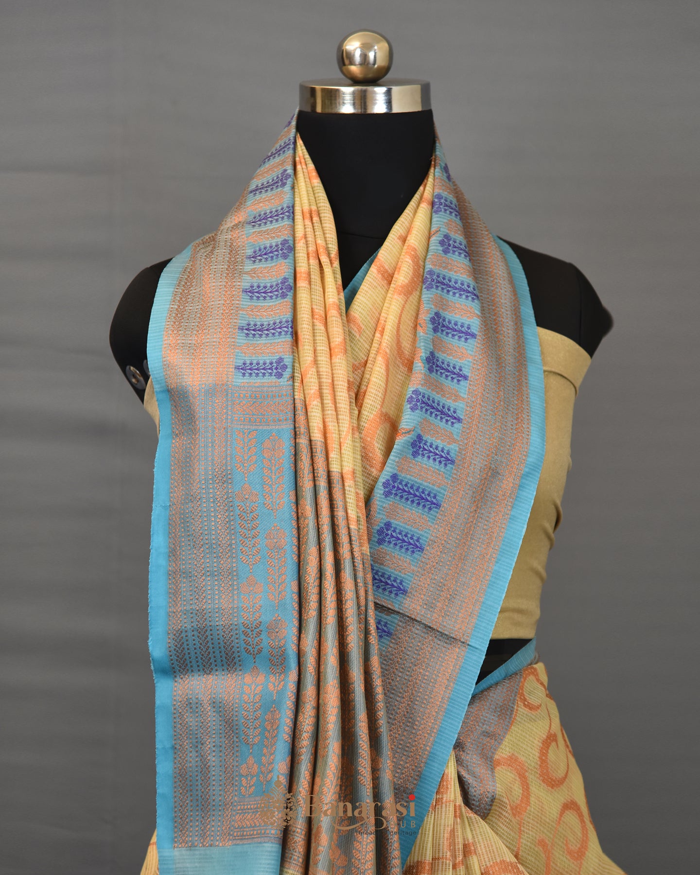 Beige Antique Zari Cotton Banarasi Saree