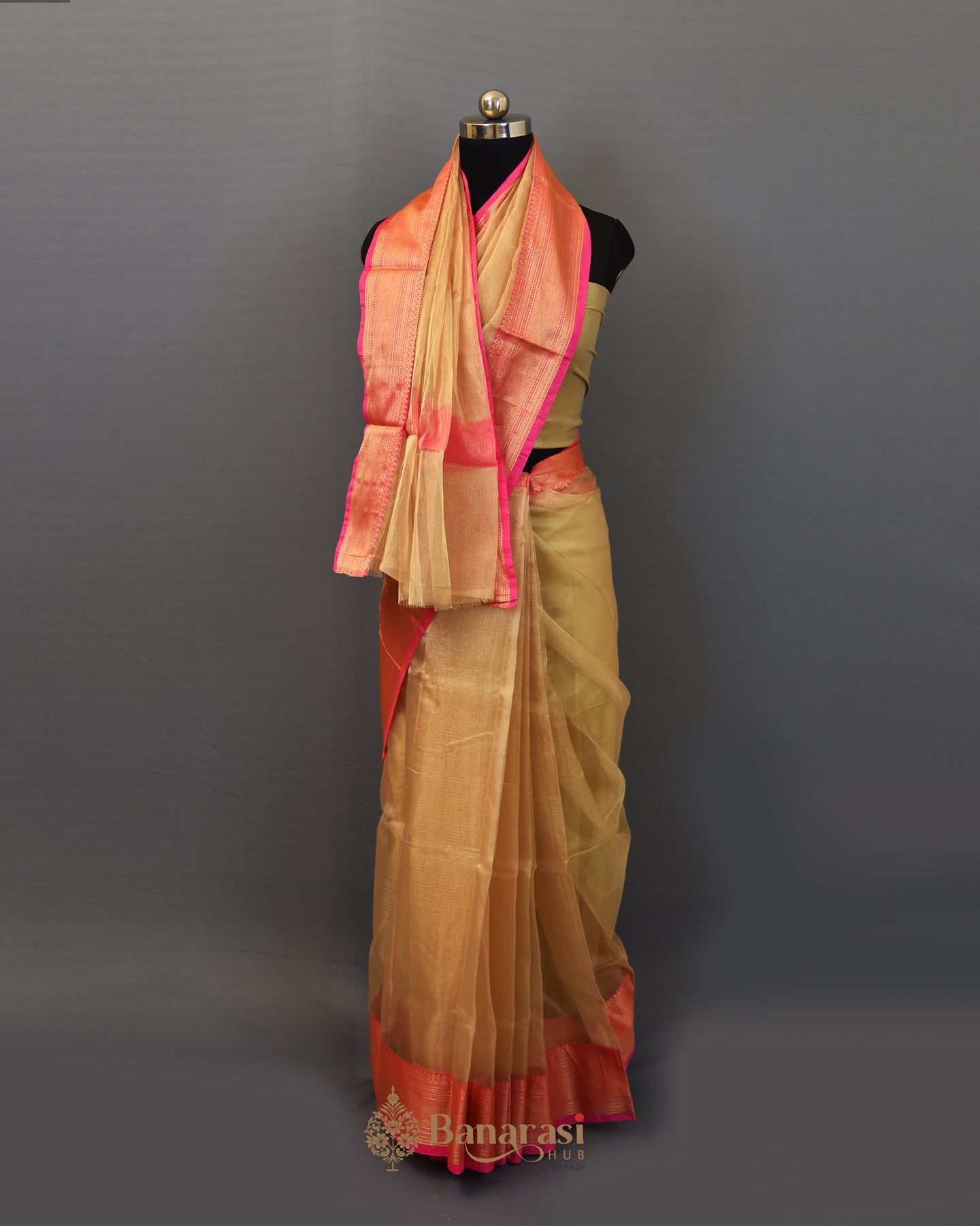 Water Gold Rani Border Tissue Banarasi Silk Saree