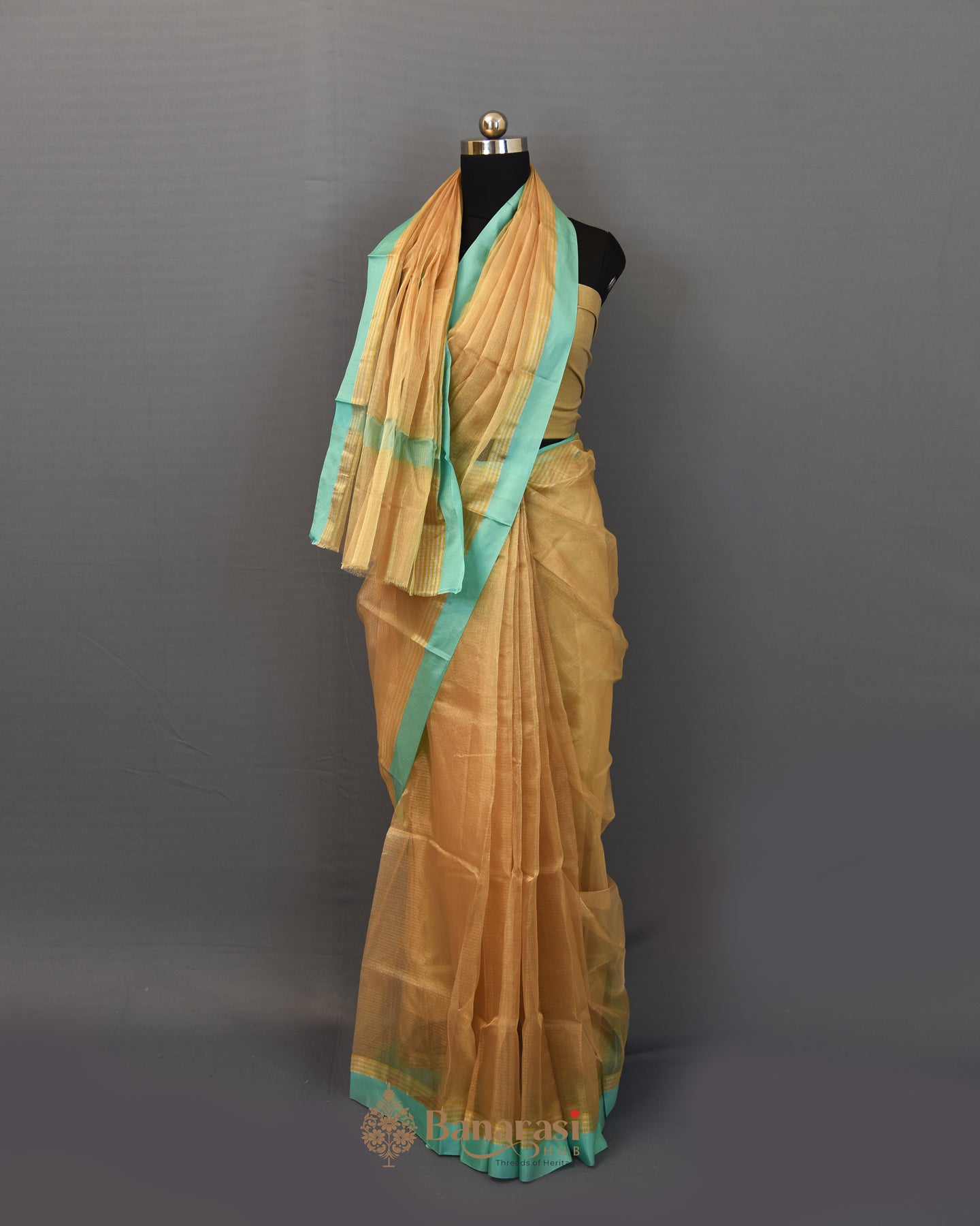 Water Gold Sea Green Patta Border Tissue Banarasi Silk Saree
