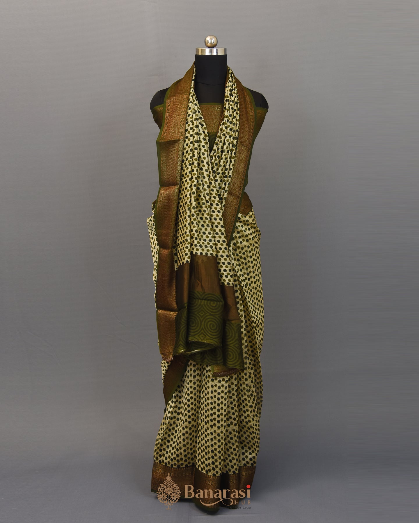 Beige With Green Polka Dot Chanderi Banarasi Silk