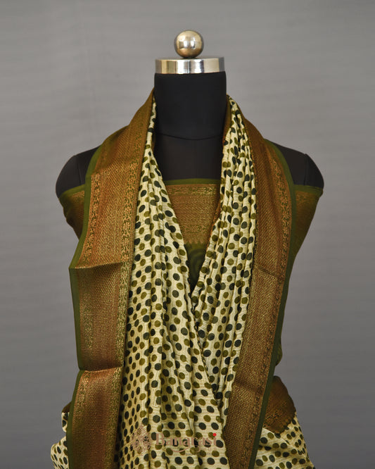 Beige With Green Polka Dot Chanderi Banarasi Silk