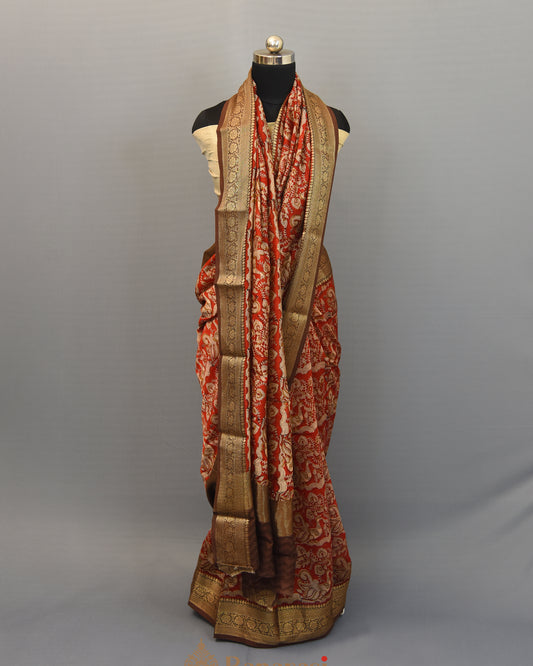 Red Kalamkari Print Chanderi Banarasi Silk