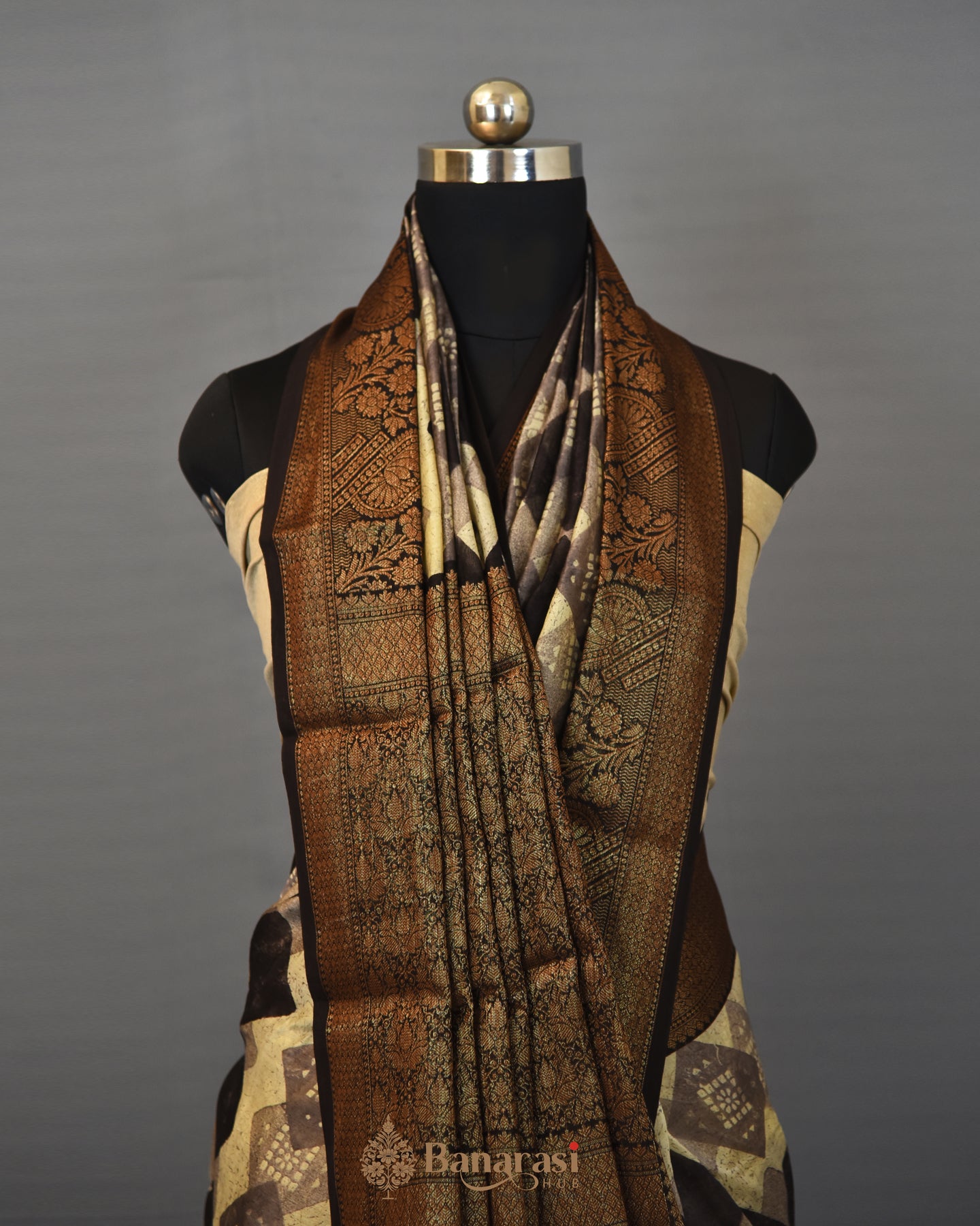 Beige & Coffee Brown Geometrical Print Chanderi Banarasi Silk