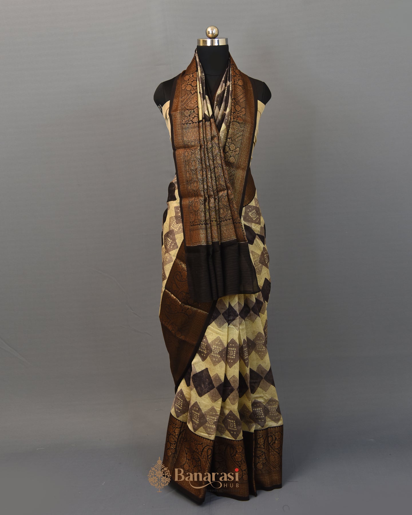 Beige & Coffee Brown Geometrical Print Chanderi Banarasi Silk
