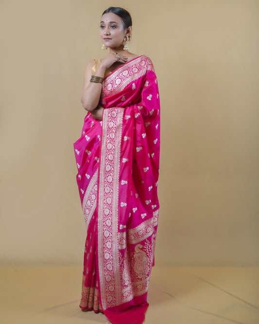Ruby Pink Handwoven Katan Banarasi Silk Saree