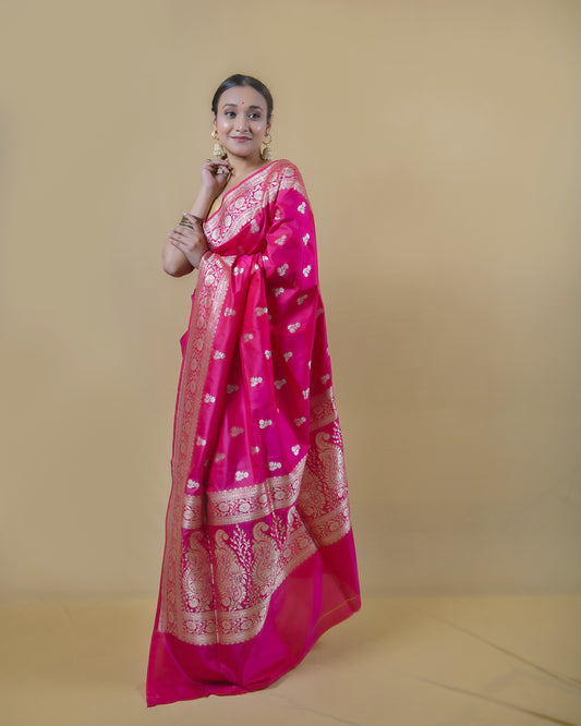 Ruby Pink Handwoven Katan Banarasi Silk Saree