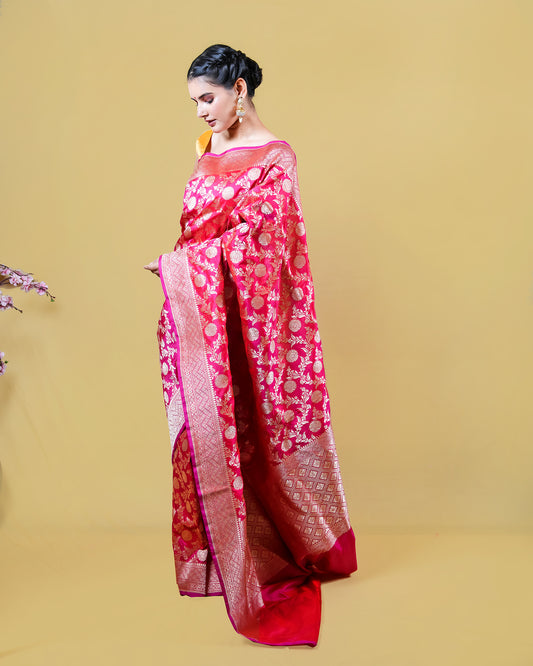 Reddish Pink Floral Katan Banarasi Silk Saree