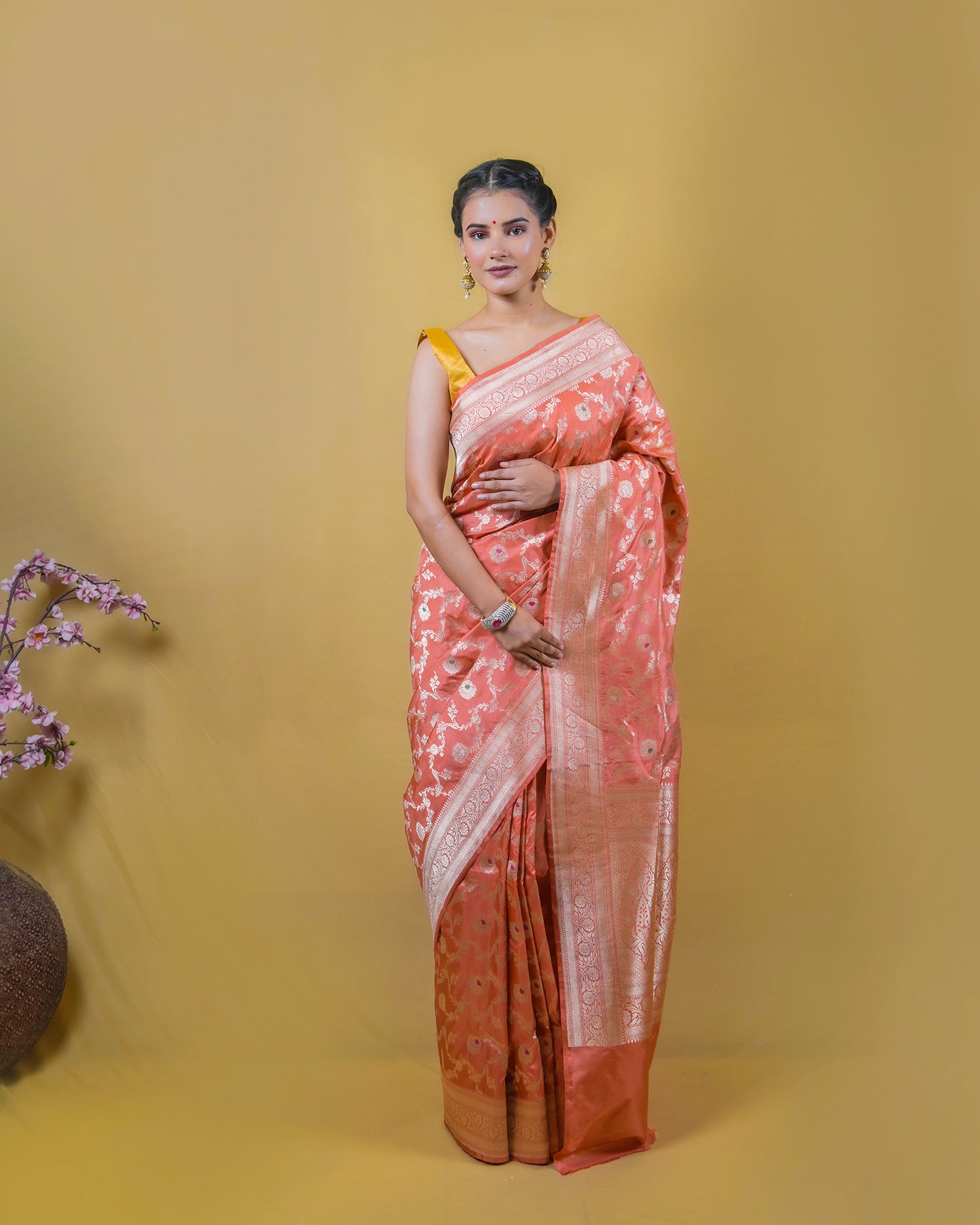 Peach Floral Meena Woven Katan Banarasi Silk Saree