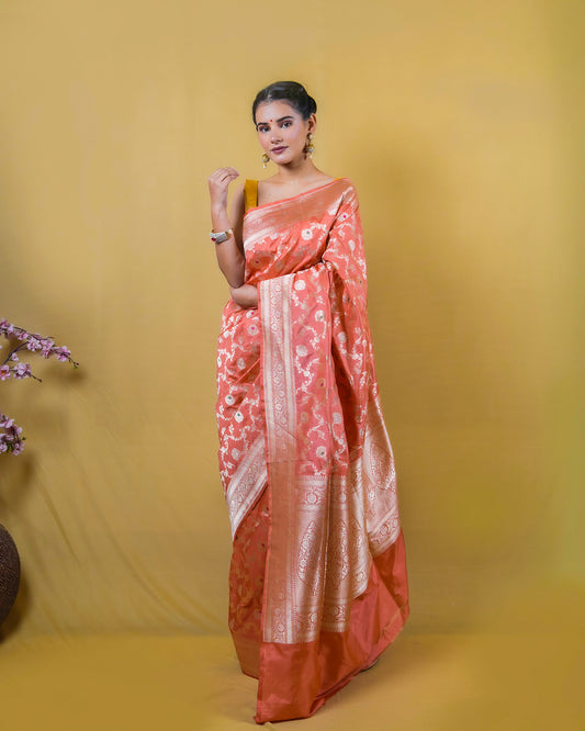 Peach Floral Meena Woven Katan Banarasi Silk Saree