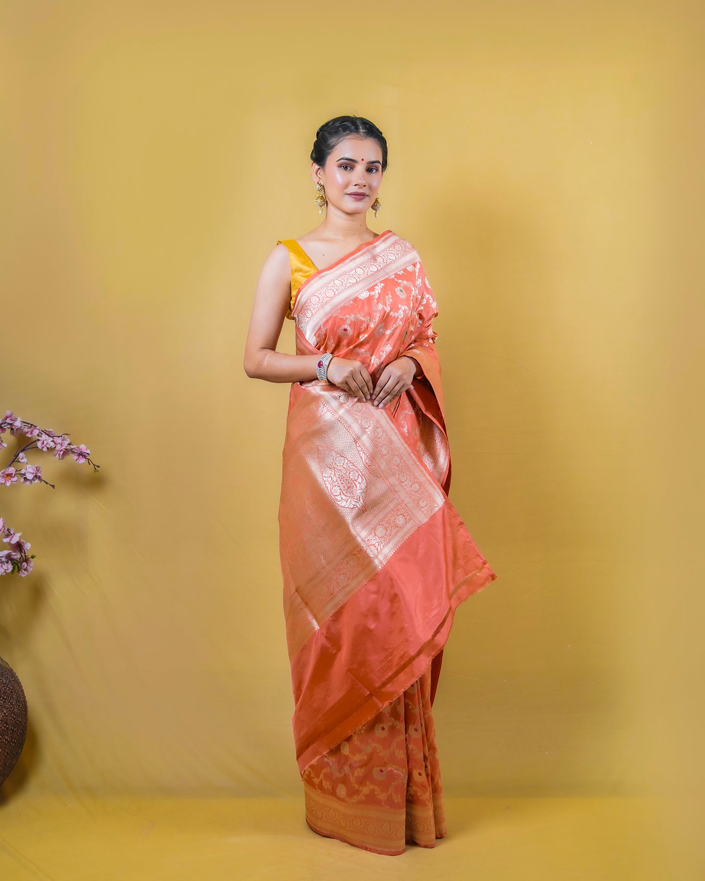 Peach Floral Meena Woven Katan Banarasi Silk Saree